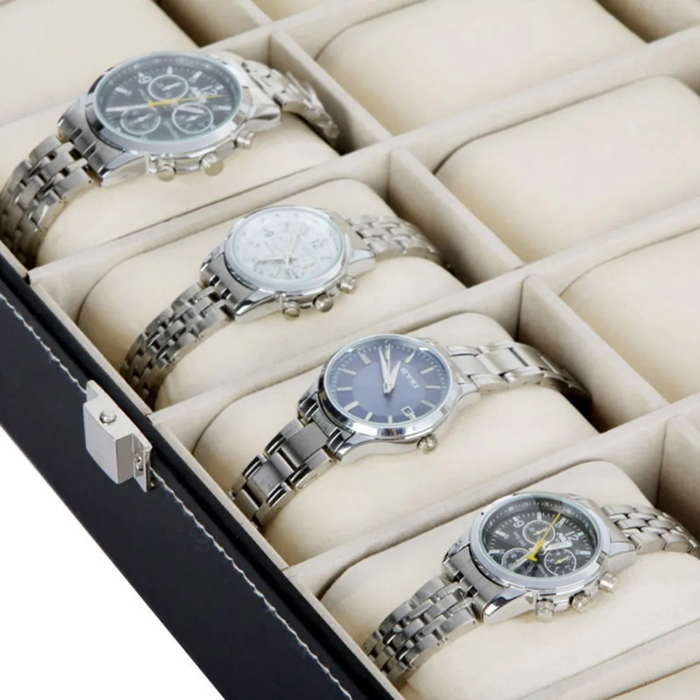 12 Slots Raster PU Lederen Horloge Display Box Sieraden Organizer Case vergrendeld Horloge Display Box met Zwarte kleur283h