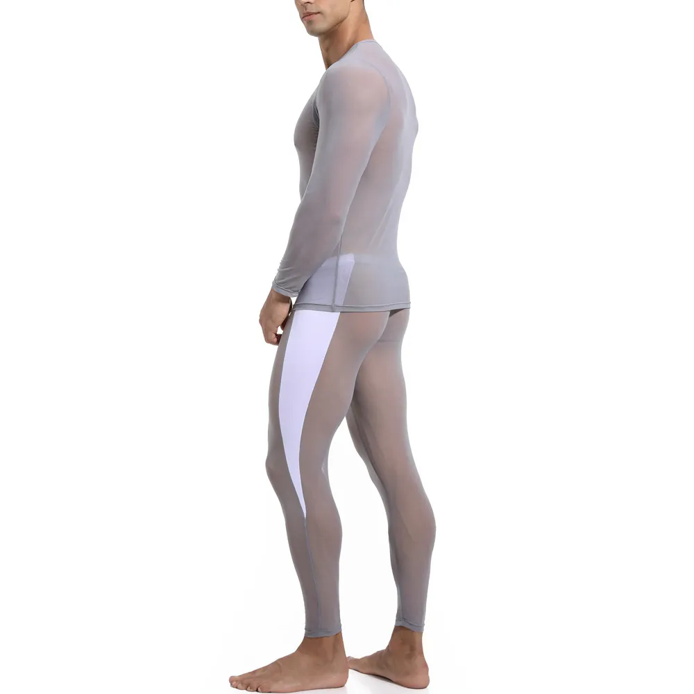 섹시한 남자 잠옷 세트는 얼음 실크 얇은 남자 티셔츠 바지를 통해 보는다