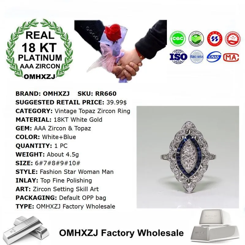 OMHXZJ Целая европейская солистость кольца модная женщина для мужчины свадебные подарки роскошный белый синий топаз циркон 18 -километровый кольцо белого золота7479293