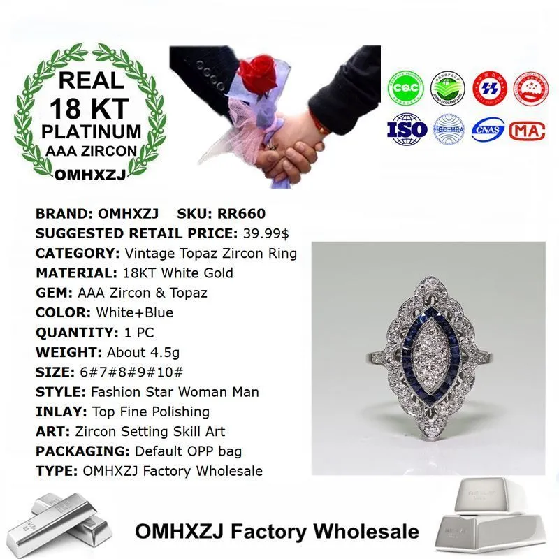 Omhxzj Whole European Solitaire Pierścienie Modna Kobieta Man Party Wedding Gift Luksus Białe Blue Topaz Cyrron 18KT Białe złoto Ring8641189