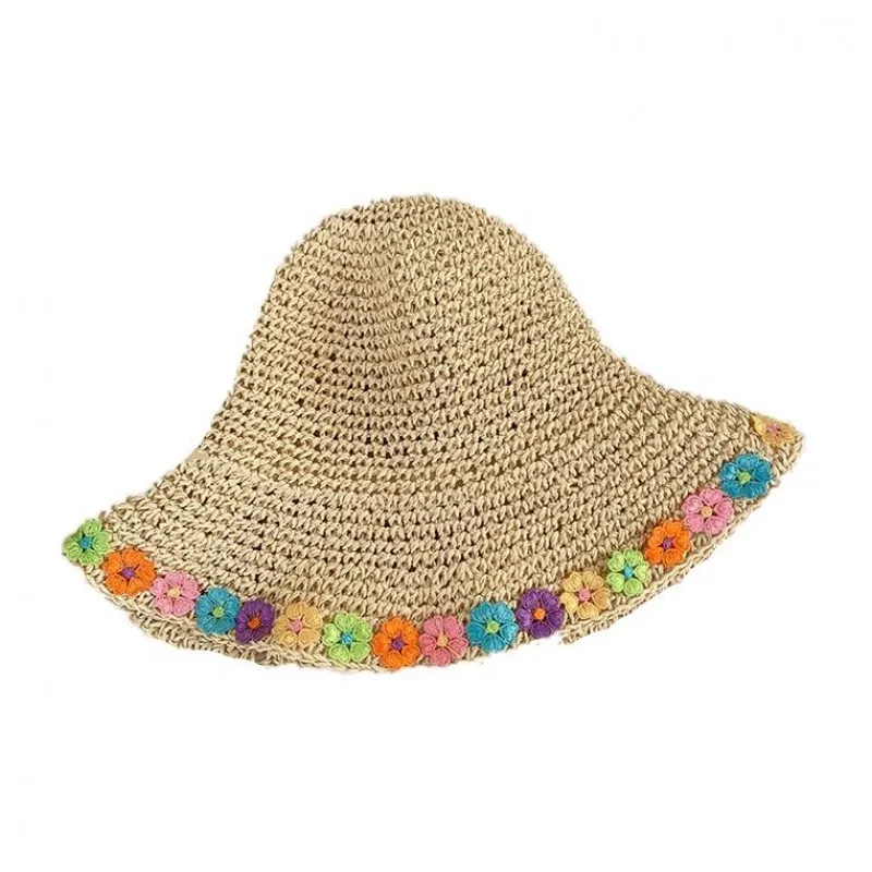 Chapeaux d'été pour femmes fleurs colorées chapeau de paille fait à la main pliable Panama chapeau de plage dames à large bord soleil Chapeu Feminino307t