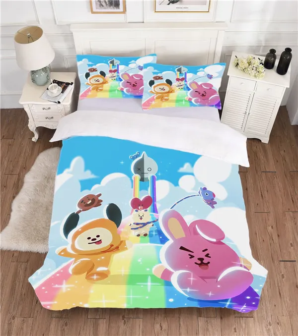 Cartoon BTS 3D-design beddengoedset Microvezel dekbedovertrekset Tieners Meisjes Jongens Dekbedovertrek en kussenslopen met ritssluiting 280y