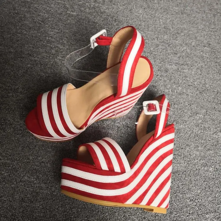 RonticNew Kvinnor Plattform Sandaler Wedges High Heels Sandaler Öppna Toe Gorgeous Red Striped Party Shoes Women US Plus Size 5-15