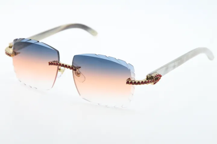 hele randloze rode grote stenen zonnebrillen optisch 3524012-a witte echte buffelhoornglazen hoge kwaliteit gesneden lens eyewear2791