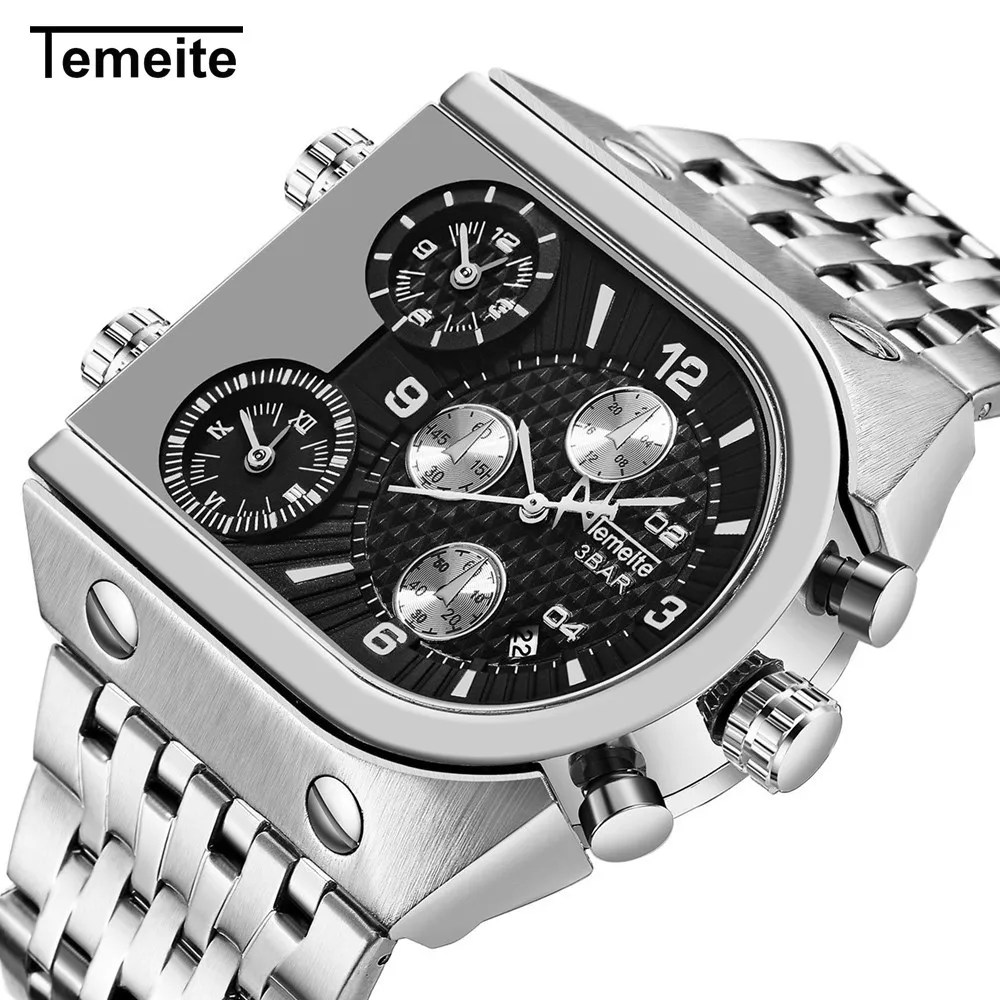 Temeite Top Brand Men's Big Dial 3 Time Zone Business Square Quartz Watches Män militär vattentät armbandsur Relogio Mascul266L