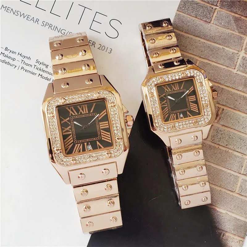 40mm 33mm Paar Mannen Vrouwen Diamanten Horloge Zilver Goud Rose Gouden Band Romeinse Num Shinning Case Datum quartz Watch209b