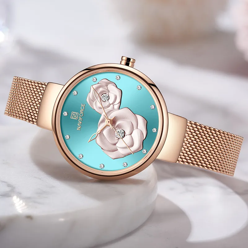 Новый Naviforce Rose Gold Women Watch Fring Quartz Watch Ladies с роскошной коробкой женская запястья часы для девочек на 215E