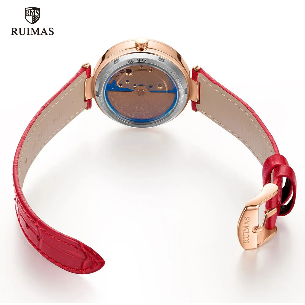 RUIMAS Women Watches Luxury Red Leather Strap Automatic Wristwatch Flower Dial Mechanical Watch Lady Girls Waterproof Clock 6776233b