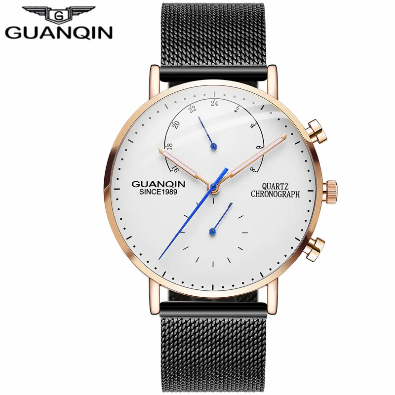 Mens Watches GUANQIN Top Brand Chronograph Luminous Clock Luxury Men Business Creative Mesh Strap Quartz Watch relogio masculino322n