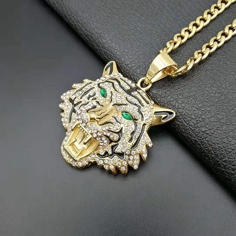 Hip Hop Rhinestones asfalterade bling isade ut guldstainfritt stål Big Tiger Pendants Halsband för män Rapper smycken med kubansk kedja242w