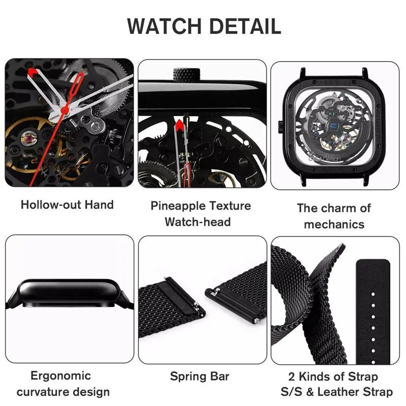 Oryginalne Xiaomi Youpin CigA Design Watch Automatyczne wydrążenie mechaniczne zegarek Mężczyzna Square Mechaniczne zegarki Cyx-C7 30024552180