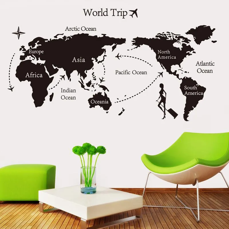 Black World Trip Map Vinyl Wall Stickers For Kids Room Home Decor Office Art Decals 3D Wallpaper Living Room Slaapkamer Decoratie267N