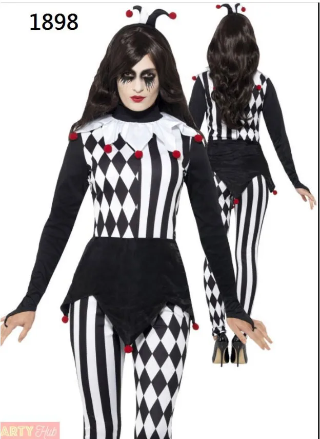 Senhoras Jester Traje de Halloween Adultos Palhaço Arlequim Vestido Extravagante Roupa Feminina SM1898 MLXL240a