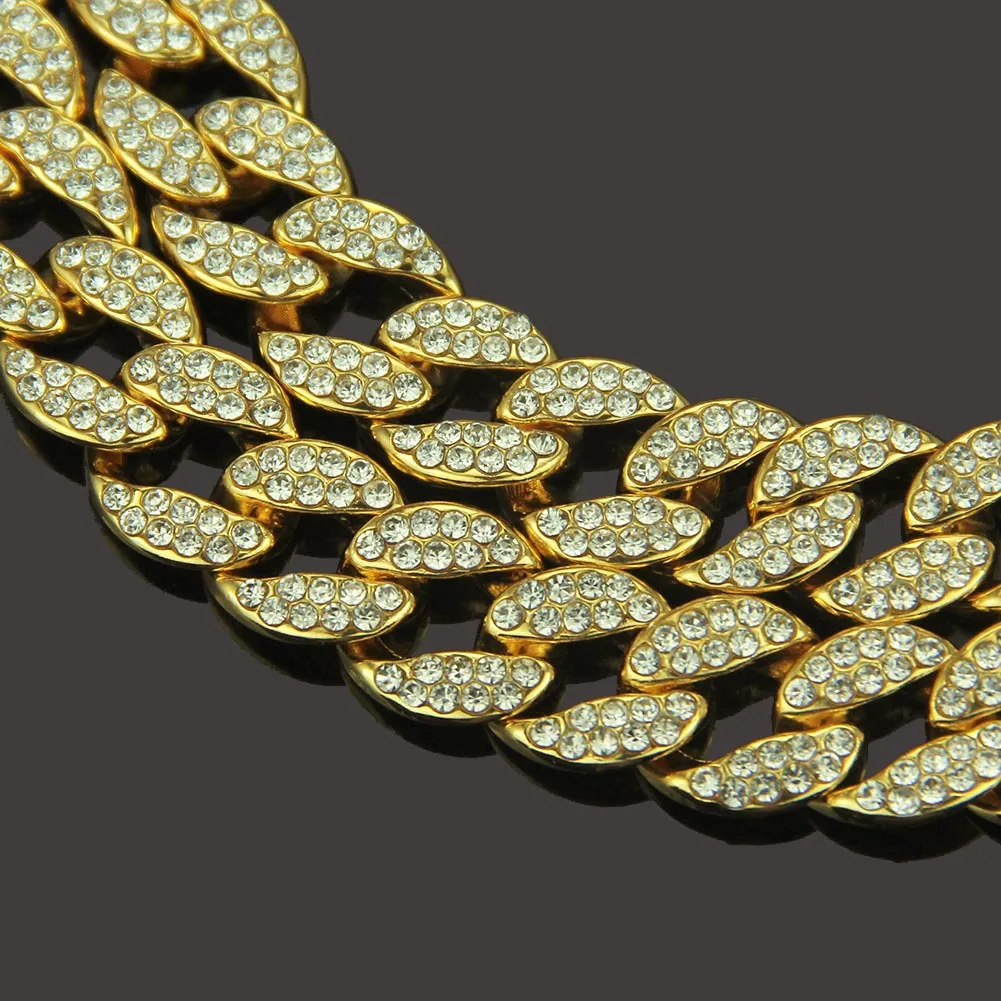 Iced Out Chains Bling Rhinestone Golden Finish Miami Cuban Link Chain Necklace Men's Hip Hop Halsband smycken gåva235g