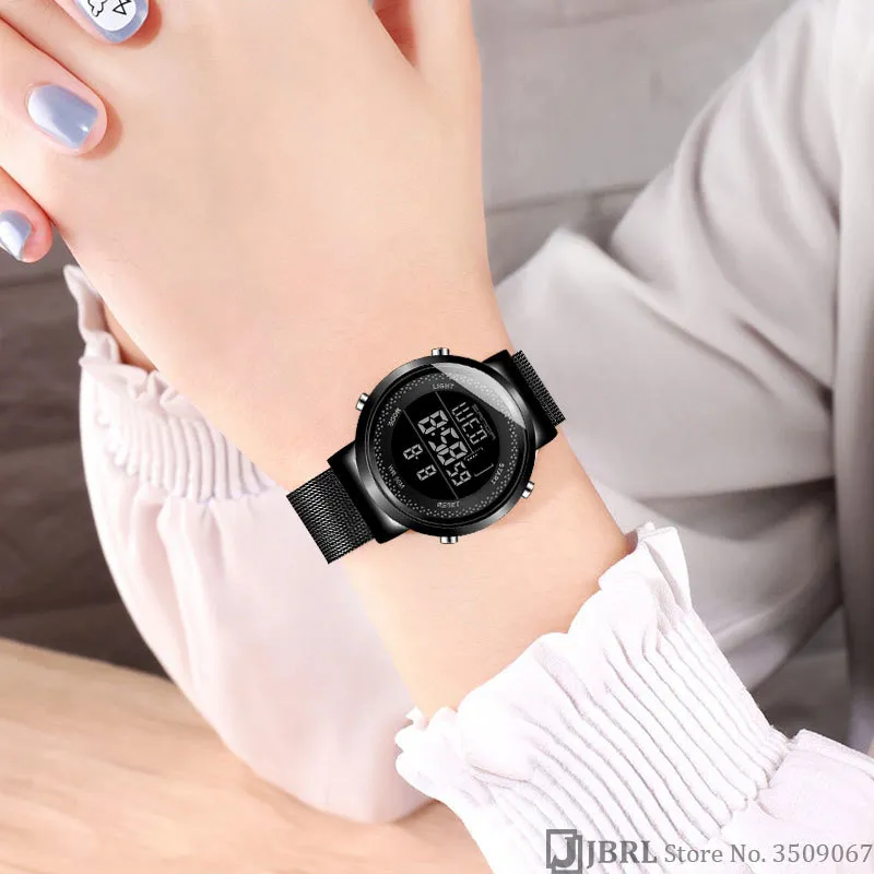 Edelstahl Digitaluhr Frauen Sportuhren Elektronische Led Damen Armbanduhr Für Frauen Uhr Weibliche Armbanduhr Wasserdicht V229P