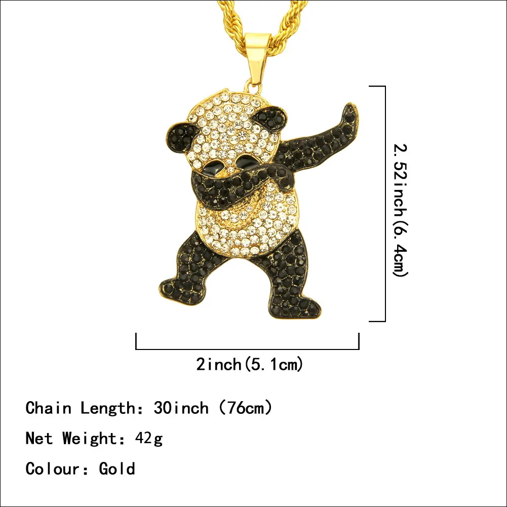 Strass Luxe Hip Hop Bijoux Or Argent Danse Drôle Panda Animal Pendentif Glacé Rock Hip Hop Designer Colliers Cadeau for254T