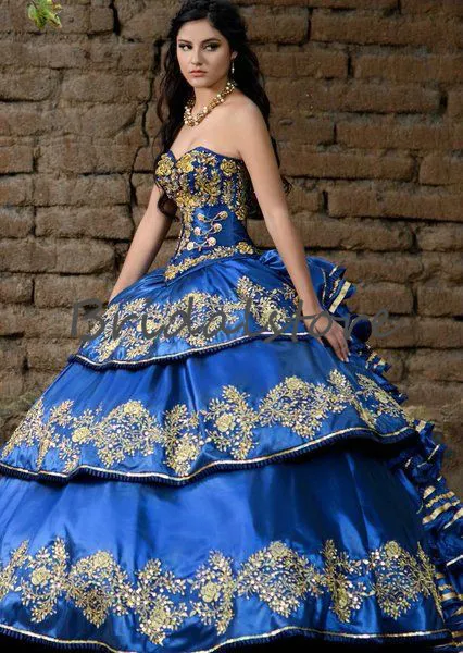 Koningsblauw Luxe Borduren Quinceanera Jurken Mexicaanse vestidos de quincea tijdperk elegantes Sweetheart Ruches Tiered Formele Prom P225a