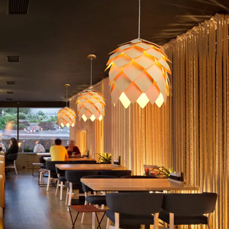Ek trä pinecone pendellampor hängande trä lampor matsal restaurang retro fixturer belysning263x