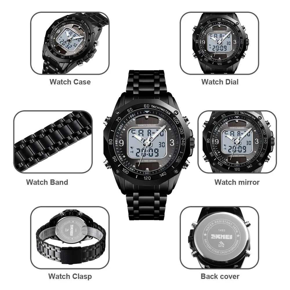 SKMEI Fashion Luxury Brand Watch Men 3Bar Waterproof Stainless Steel Strap Dual Display Quartz Men Watch relogio masculino 1493295m