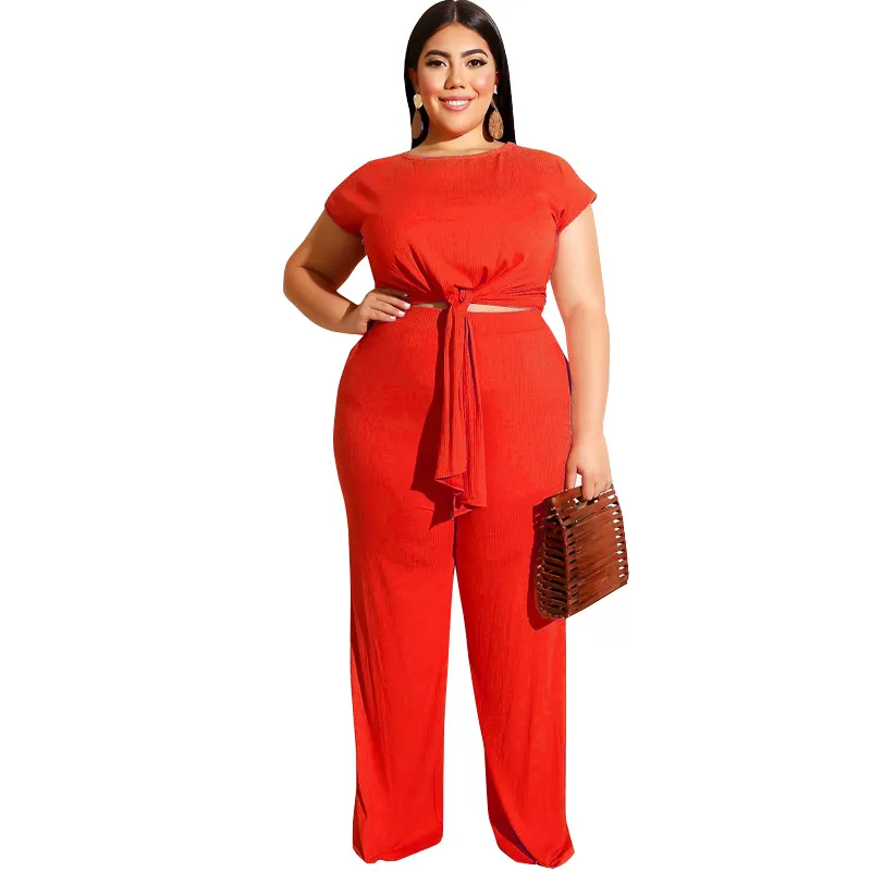 En gros Plus La Taille Survêtements Pantalon Large Jambe Costumes D'été Mode Bandage Tops Pantalon Droit 2 Pièce Ensemble Casual Femmes Vêtements K1815