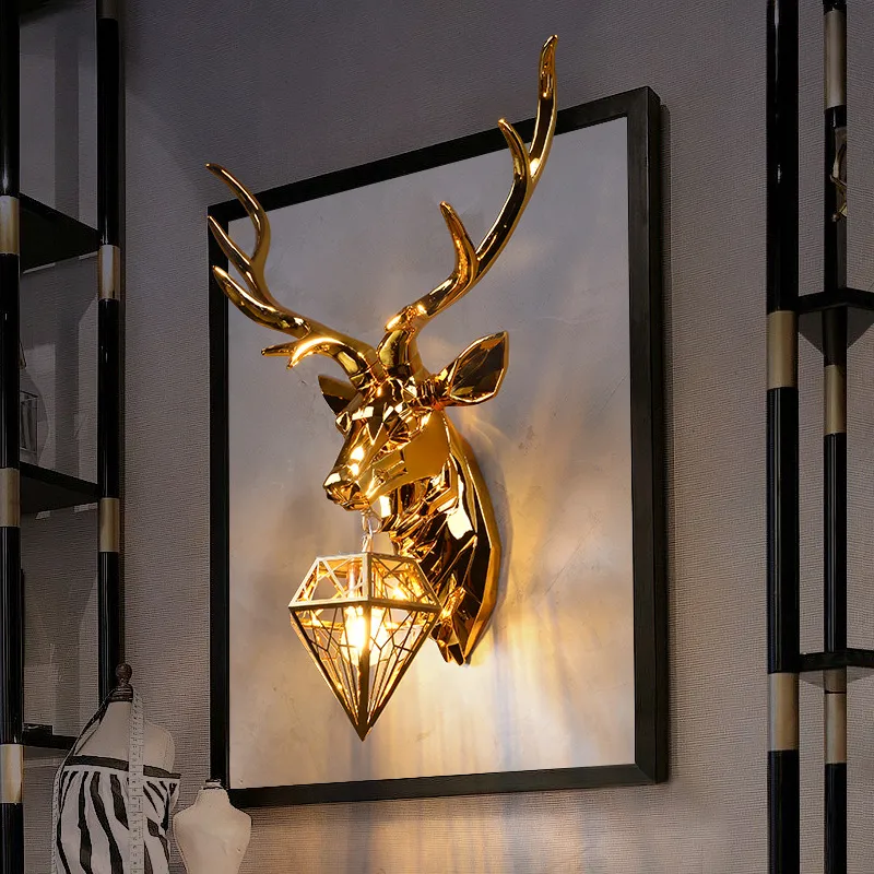 American Retro Gold Deer Wall Lamps Antlers Light Fixtures Living Room Bedroom Bedside Lamp Led Sconce Home Decor Luminaire2203