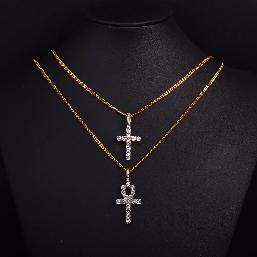 Iced Zircon Ankh Cross Halsband smycken Set Gold Silver Copper Material Bling CZ Key to Life Egypt Pendants Necklace200R