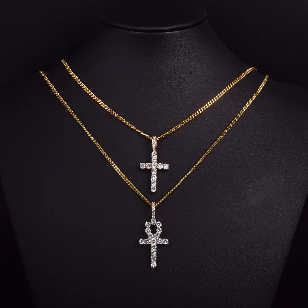 Iced Zircon Ankh Cross Necklace Jewelry Set Gold Silver Copper Material Bling CZ Key To Life Egypt Pendants Necklaces268H