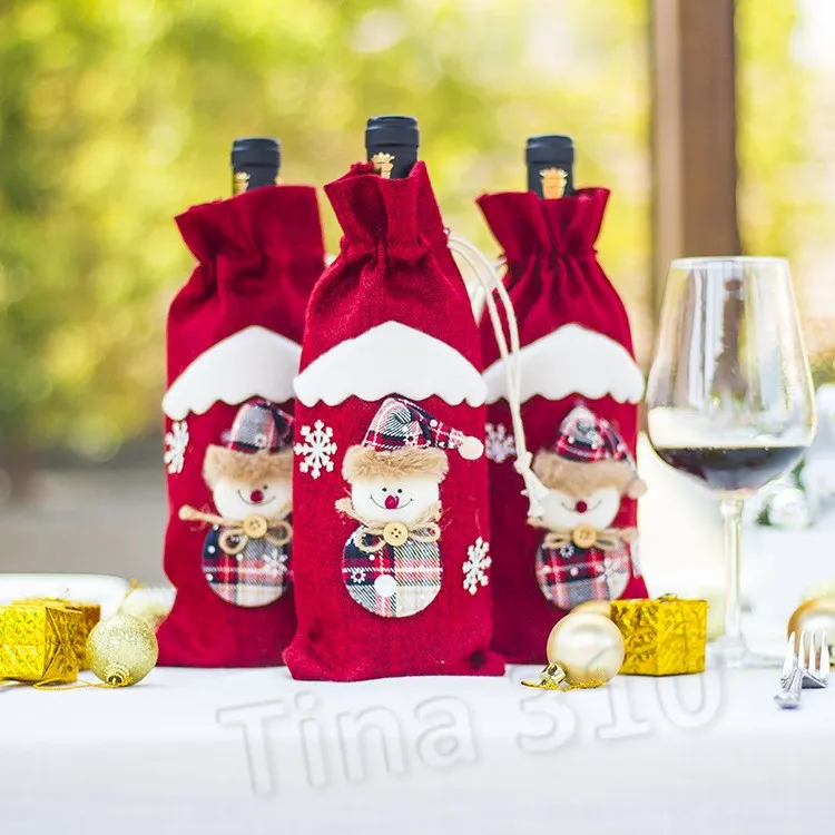 vendita calda Sacchetti di vino di iuta Decorazioni natalizie Ornamenti di Babbo Natale Xmas Champagne Copertine bottiglie di vino Borsa Borsa con coulisse Articoli feste T2I5587