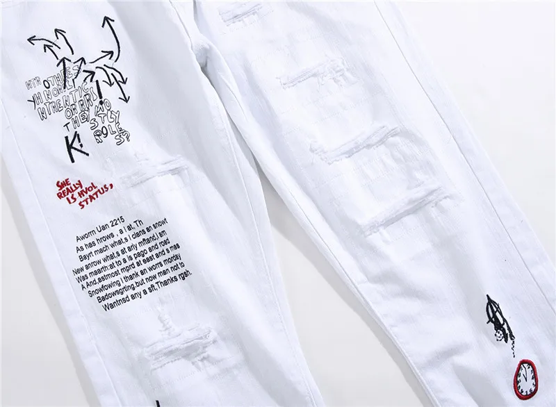 Nuevos hombres Streetwear personalidad rasgados impresos pantalones vaqueros ajustados blancos Hip Hop Punk Casual motocicleta pantalones vaqueros elásticos de mezclilla CX2005926473