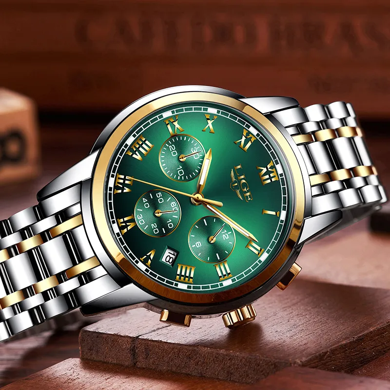 Watches Mens 2019 Lige Top Brand Luxury Green Fashion Chronograph Man Sport Waterproof All Steel Quartz Clock Relogio Masculino C234L
