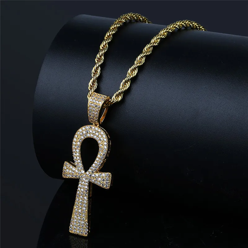 Iced Out Ägyptische Ankh-Schlüsselanhänger-Halskette mit Kette, 2 Farben, modische Herren-Halskette, Hip-Hop-Schmuck153j