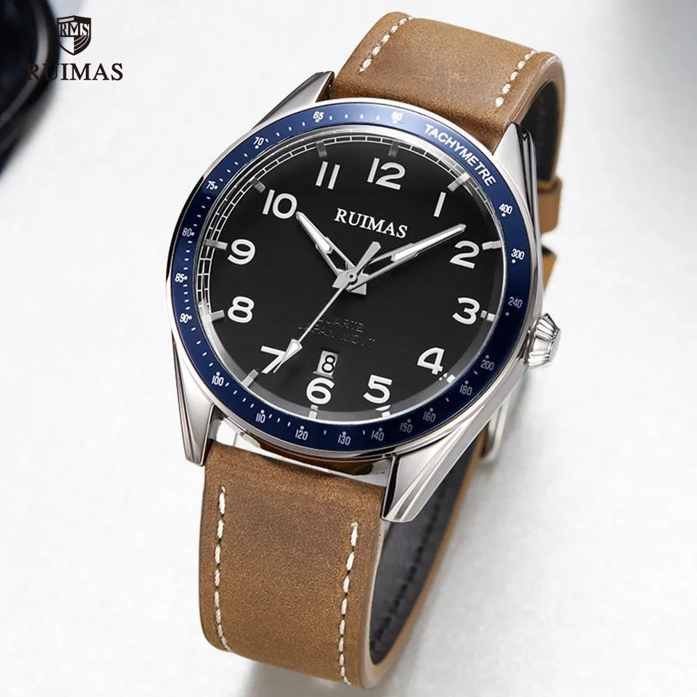 Ruimas Brown Leather Quartz Watches Luxury Military Sports Watch Man Simple Waterproof Wristwatch Relogios Masculino Clock 573223s