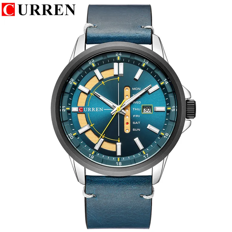 Curren casual lederen band zakelijke polshorloges klassieke zwarte kwarts heren horloge -datum en week waterdichte mannelijke cloc156q