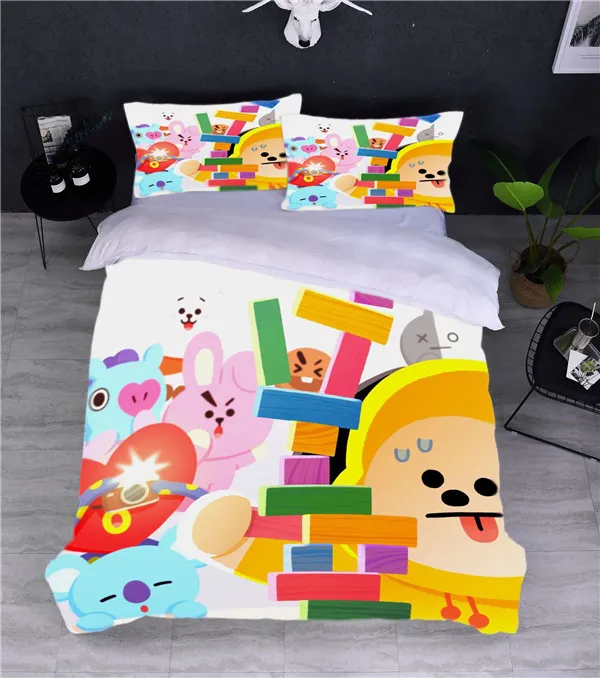 만화 BTS 3D 디자인 침구 세트 마이크로 화이버 이불 커버 세트 TEENS GIRLS BOYS COMFORTER COVER 및 PILLOWCASES가있는 지퍼 클로저 207F