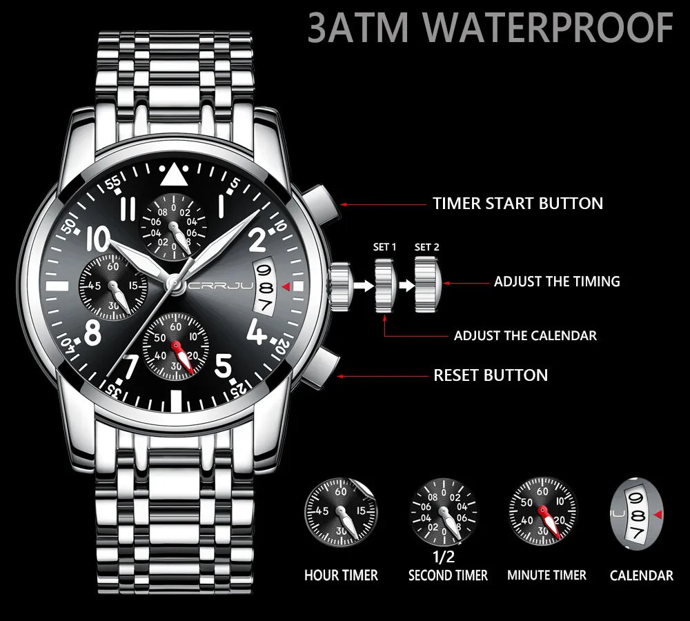 Relogio Masculion CRRJU Men Top Luxury Brand Military Sport Watch Men's Quartz Clock Male Full Steel Casual Business black wa282C