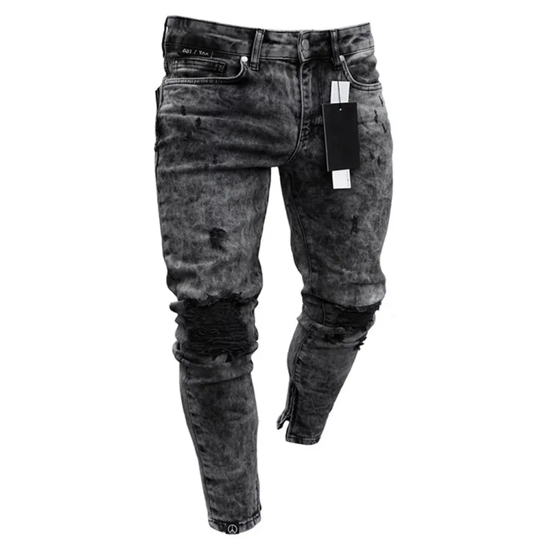 Calça jeans masculina desgastada elástica rasgada motociclista hip hop ajuste fino buracos punk jeans de algodão com zíper T200608