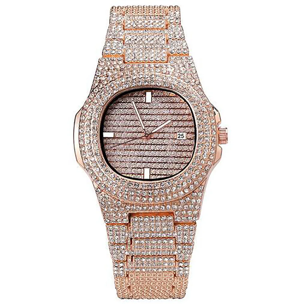 Montre glacée entièrement personnalisée en or Bling Bling 600 diamants simulés Zircon cubique calendrier en pierre Quartz bracelet en acier Staness Hip Hop263A