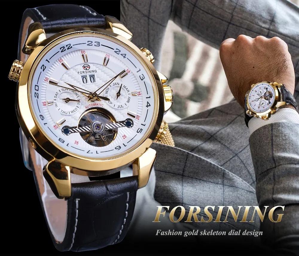 Forsining Automatische mechanische Herrenuhr, modisch, goldenes Tourbillon, Mondphase, Datum, echtes Leder, Business, Sport, Montre Ho297M