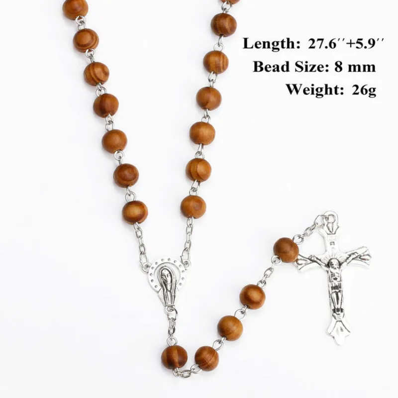 2020 Croix catholique Collier religieux perles en bois chapelet collier femmes homme long brin colliers prière Jésus bijoux cadeau 294S