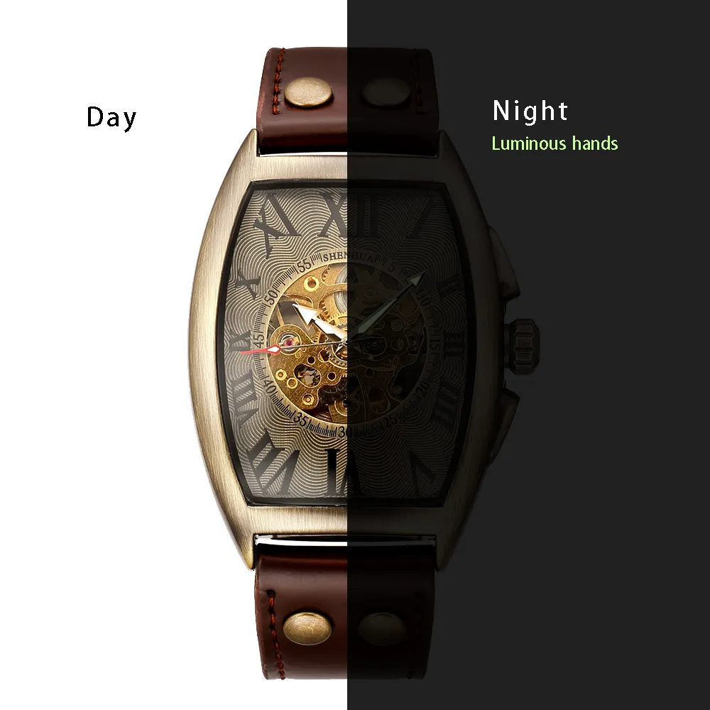 Shenhua 2019 Vintage Automatic Watch Men Mechanical Wrist Watches Herr Fashion Skeleton Retro Bronze Watch Clock Montre Homme J190276G