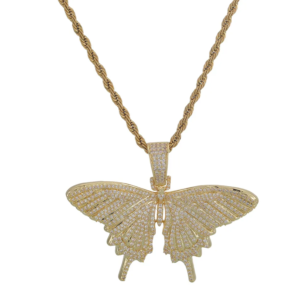 Iced Out Animal Butterfly Pendant Necklace With Rope Chain Gold Silver Cubic Zircon Men Women Hip hop Rock Jewelry280l