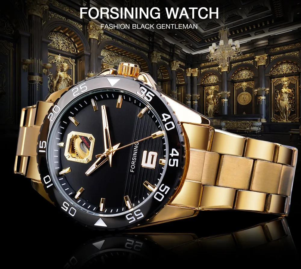 Forsining relógios masculinos mecânicos marca superior de luxo automático homem relógios ouro aço inoxidável à prova dwaterproof água luminosa mãos clock271v