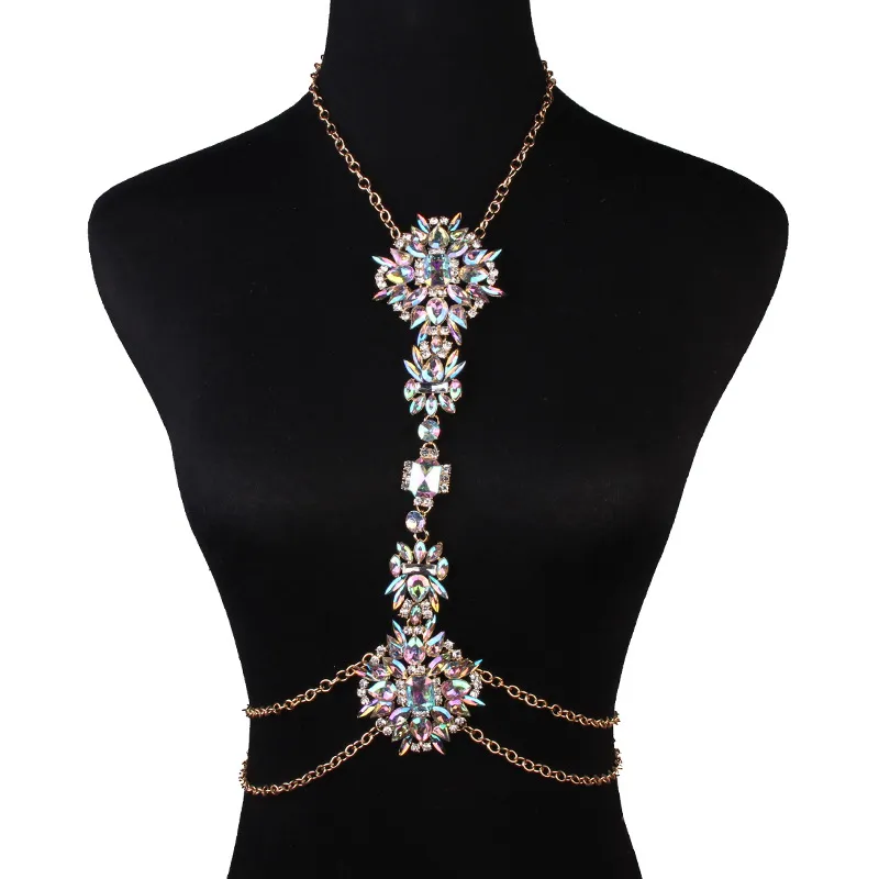 Mode- Sexy AB cristal chaînes de corps bijoux taille bikini plage chaînes de ventre harnais colliers pendentif en or accessoires de sable fema211S
