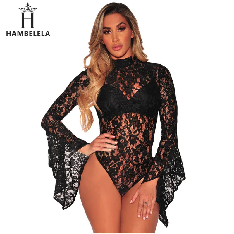 Hambelela Spring Combinaison Femme Black White Sheer Floral Lace Bodysuit Bell Sleeve Turtleneck Bodysuit Long Sleeve Body Mujer