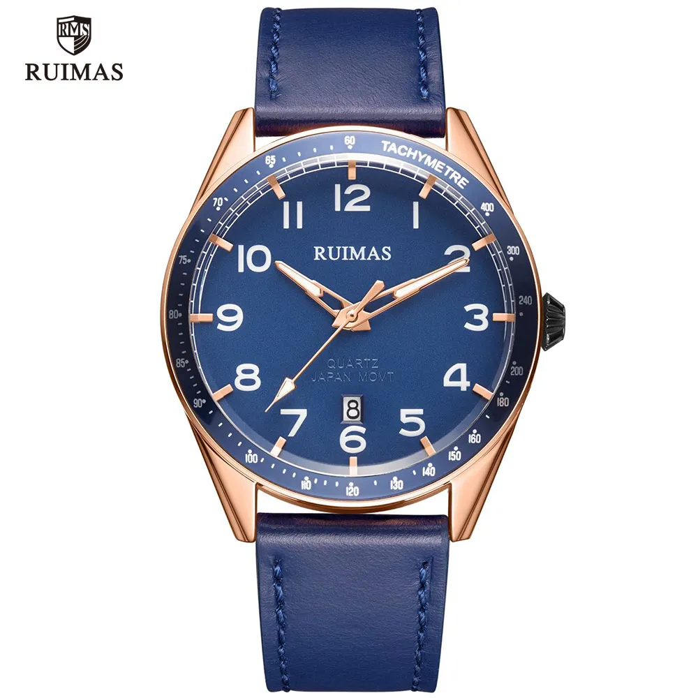 Ruimas Brown Leather Quartz Watches Luxury Military Sports Watch Manシンプルな防水腕肉RelogiosMasculinoClock573223S