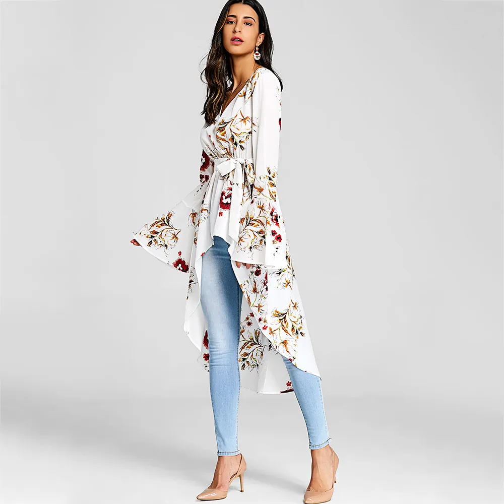 Vestlinda Dames Bell Sleeve Floral High Low Fishtail Top Blouse Fashion Casual Duikers Neck Lange Mouwen Lange Blouses Blusas Y190427