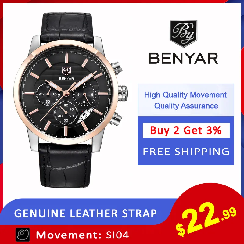 Reloj Hombre Benyar Fashion Chronograph Sport Mens Watches Top Brand Luxury Business Quartz Watch Clock Relogio Masculino2594