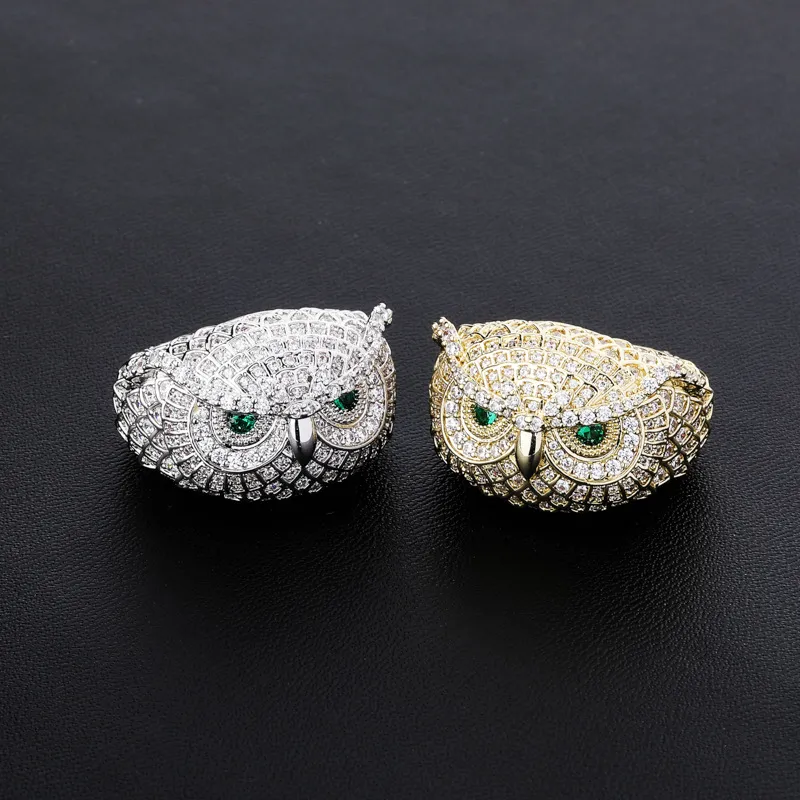 Luxury Zircon Owl Rings For Men Women Trendy Fashion Rappers Rhodium 18K Gold Plated Hip Hop Cluster Rings Jewelry1075179