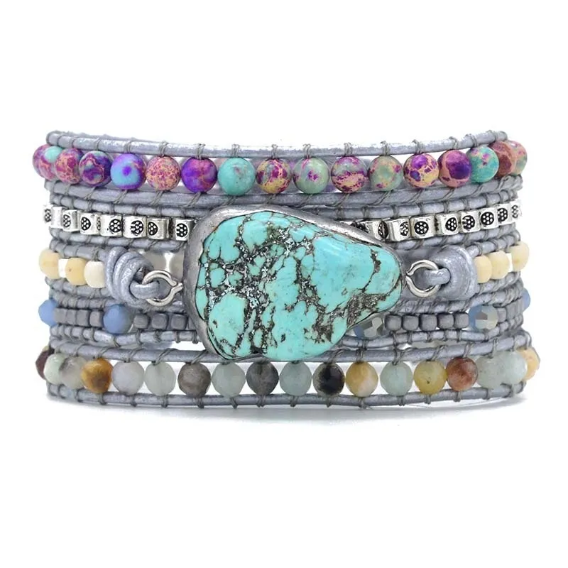 Date Unique Mixte Pierres Naturelles Turquoises Charme 5 Brins Wrap Bracelets À La Main Boho Bracelet Femmes Bracelet En Cuir J190625203H