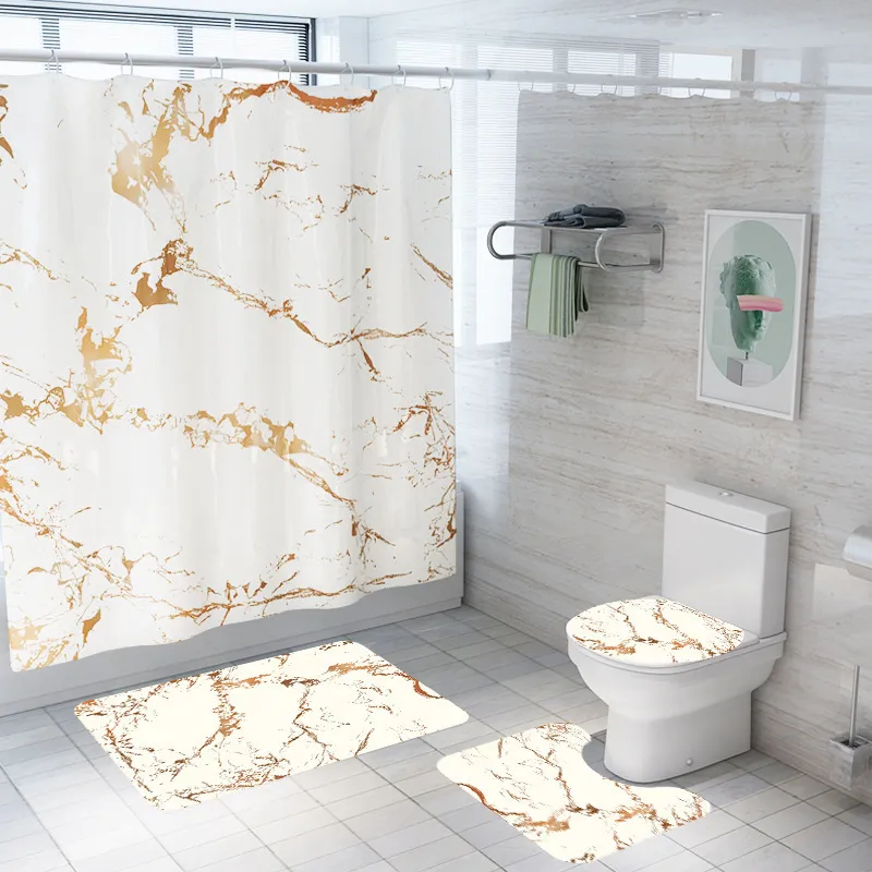 Creative marbre impression salle de bains imperméable rideau de douche piédestal tapis couvercle tapis couverture de toilette ensemble rideau de bain tapis ensemble T200102311T